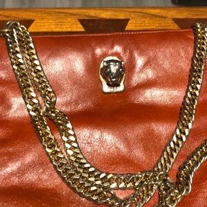 Vintage orange leather gold tone chain lion head purse design bag clutch